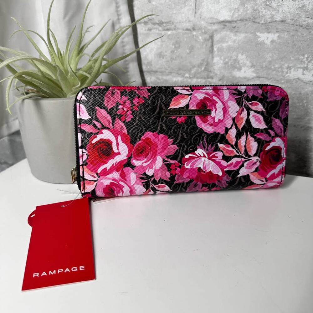 NWT Rampage Pink Rose Floral Zip Around Wallet Black Monogram Continental